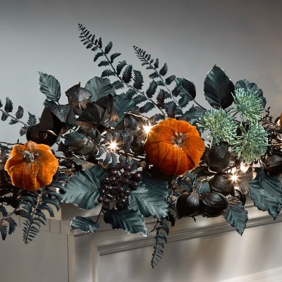 6-Foot Prelit LED Halloween Pumpkin Garland with Black Leaves