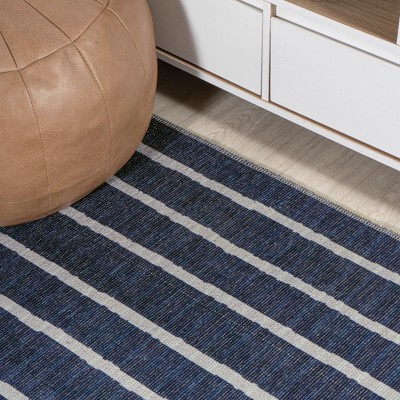 Gray and Navy Striped Machine-Washable Runner Rug