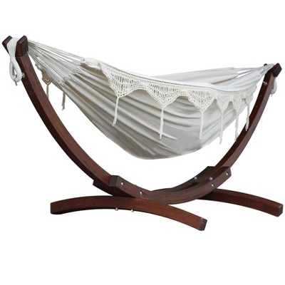 102” White Cotton Hammock with Pine Wood Stand