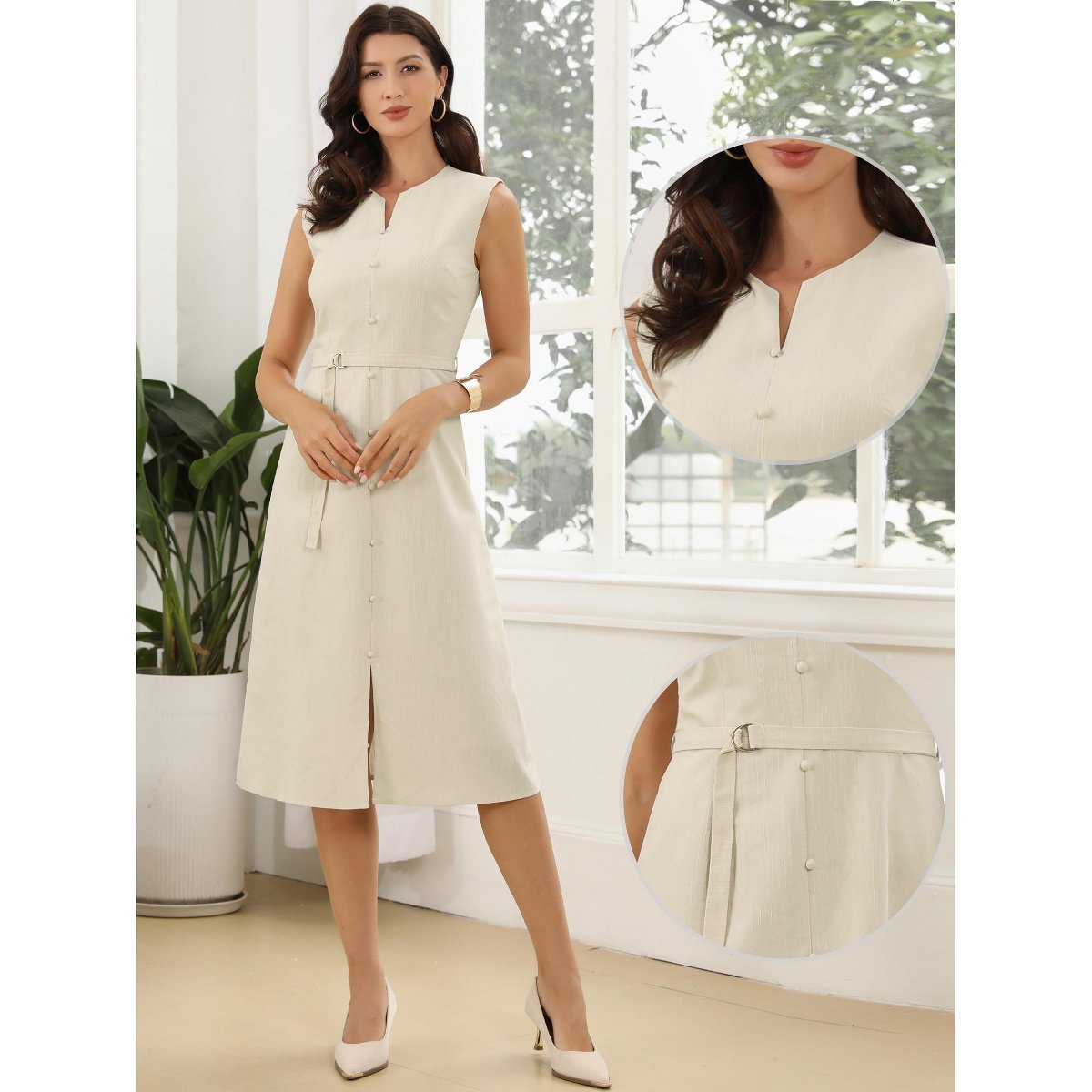 Женские платья INSPIRE CHIC Women's Linen Summer Sleeveless Crew Neck Elegant Office Dresses with Belt Small Apricot — фото 2