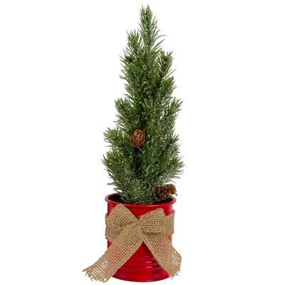 Northlight 11.75" Frosted Upswept Mini Pine Christmas Tree in Red Tin Pot - Unlit