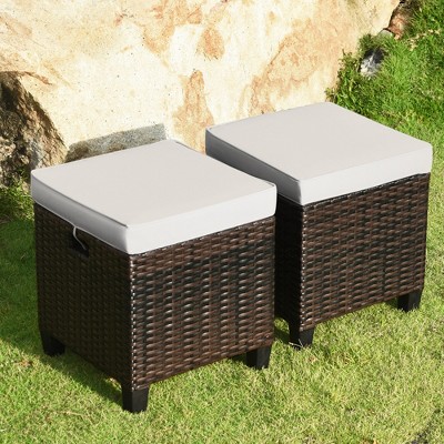 Tangkula Set of 2 Patio Wicker Rattan Ottoman Footrest Garden Outdoor w/ Cushion