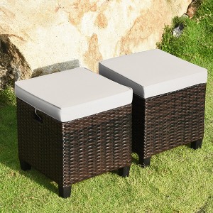 Tangkula Set of 2 Patio Wicker Rattan Ottoman Footrest Garden Outdoor w/ Cushion - 1 of 4