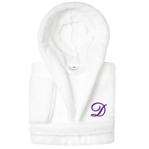 Personalized Linum Kids 100% Polyester SUPER PLUSH Double Brushed Hooded Bathrobe in Purple Script Font - 1 of 3