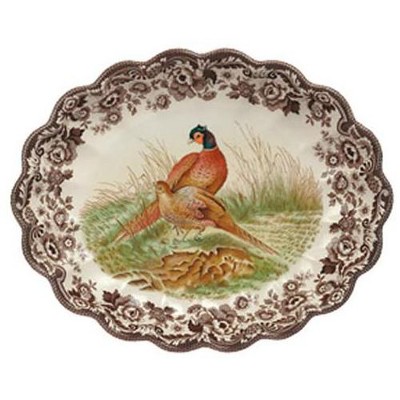 Spode Woodland Oval Fluted Porcelain Serving Dish - Pheasant Design, Elegant Wildlife Tableware for Family Dinners, Holiday Feasts, Appetizers