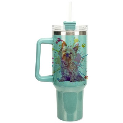 100 North 40 Ounce Stainless Steel Double Wall Insulated Glitter Travel Tumbler With Handle, Straw, and Lid, Yorkshire Terrier Teal
