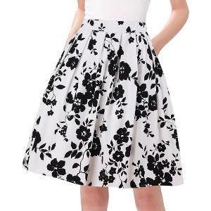 Vintage A-Line Pleated Skirt for Women - Midi Length High Waist Flowy Retro Skirt White Rose - 1 of 4