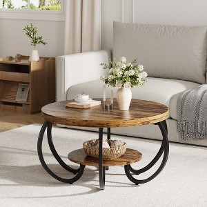 30" Round Coffee Table, 2-Tier Center Tables with Adjustable Feet, Living Room Tables with Storage Shelf and Designed Wood Grain, Easy Assemble - 1 of 4