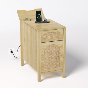 VINGLI Side Table with Charging Station, Rattan Night Stand with Drawers, Narrow End Table with Cabinet for Living Room, Bedroom, Oak - 1 of 4