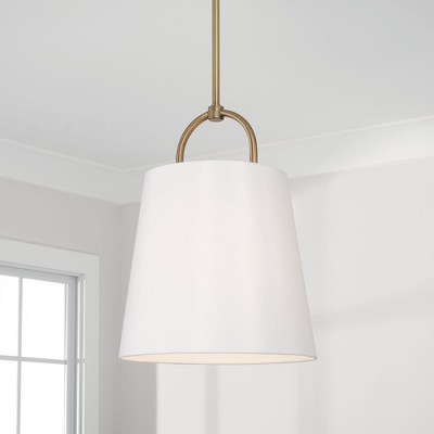 Aged Brass Pendant Light with White Fabric Shade