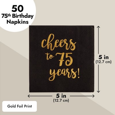 Black and Gold Cheers to 75 Years Cocktail Napkins, 50-Pack