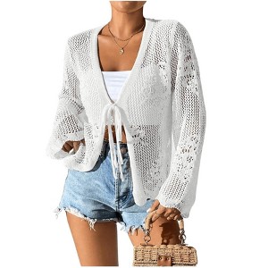 Womens Crochet Lace Cardigan Front Tie Lightweight Cover Ups Long Sleeve Hollow Out Cardigan Beach Cover Ups Crochet Tops for Summer - 1 of 4