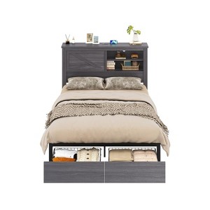 AMERLIFE 47.2" H Bed Frame with Bookcase Headboard, Charging Station, 2 Drawers - 1 of 4