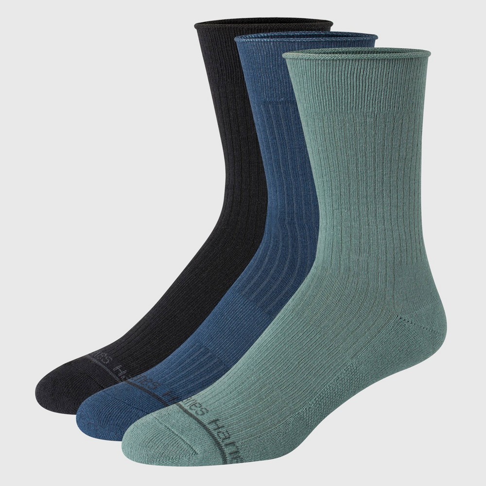 Hanes Originals Premium Men's SuperSoft Crew Socks 3pk - Teal/Navy 6-12: Arch Support, Cushioned Sole, 4-Way Stretch