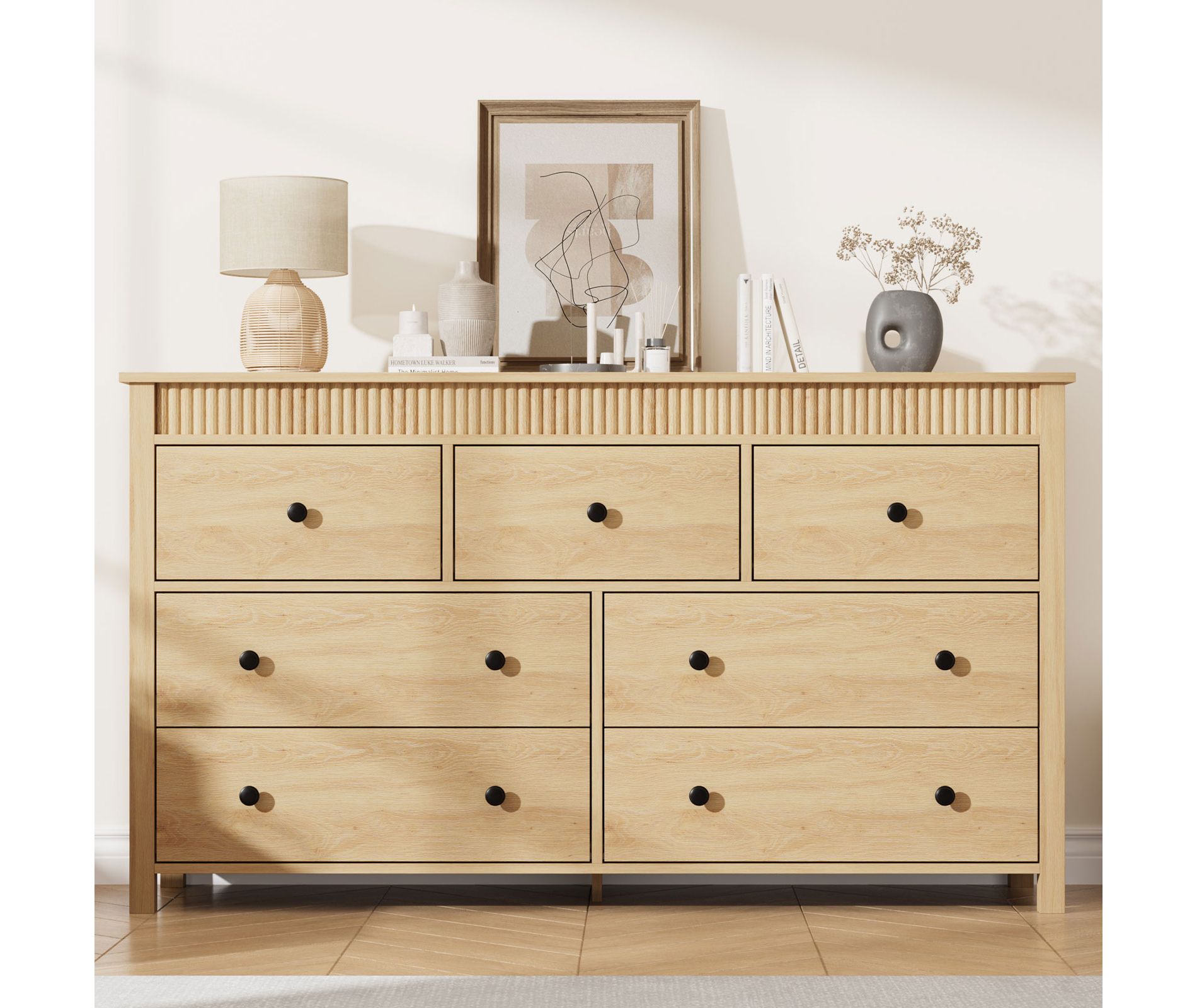 Fluted 7 Drawer Dresser, Natural Oak 7 Chest of Drawer with Fluted Design, 54in Wide Wooden Dresser Organizer Closet for Bedroom Living Room Nursery