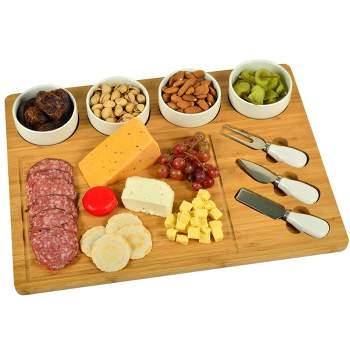 Picnic at Ascot - Large Bamboo Cheese/Charcuterie Board with 4 Ceramic Bowls & 3 Stainless Steel Cheese Tools - 17" x 13"