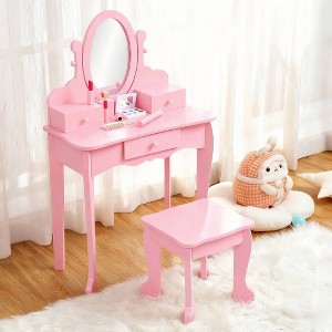 GustoWave Pink Kids Vanity Set – Girls’ Wooden Makeup Table with Adjustable Mirror & Stool, Dress-Up Playset for Ages 4–9 - 1 of 4