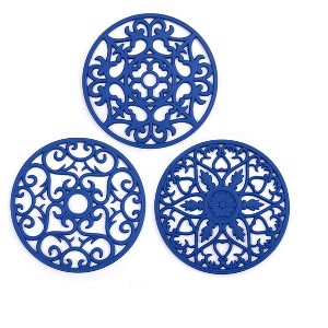 Itopfox Silicone Trivet Mats Set of 3, Non-Slip Hot Pads for Dishes Pots Pans, Flexible Durable Kitchen Counter Table Protectors in Deep Blue - 1 of 4