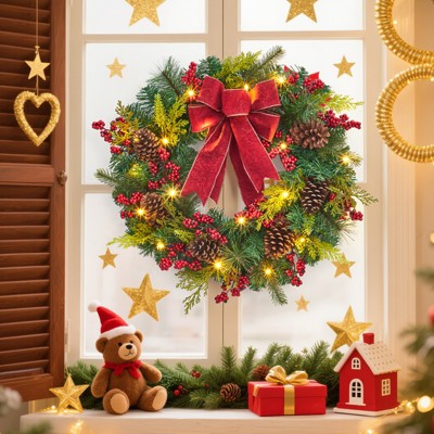 24" Christmas Wreath with 20 Lighting Modes, Holiday Decorations with Glittery Ornaments and Ribbon, Perfect for Indoor/Outdoor Door Christmas Décor