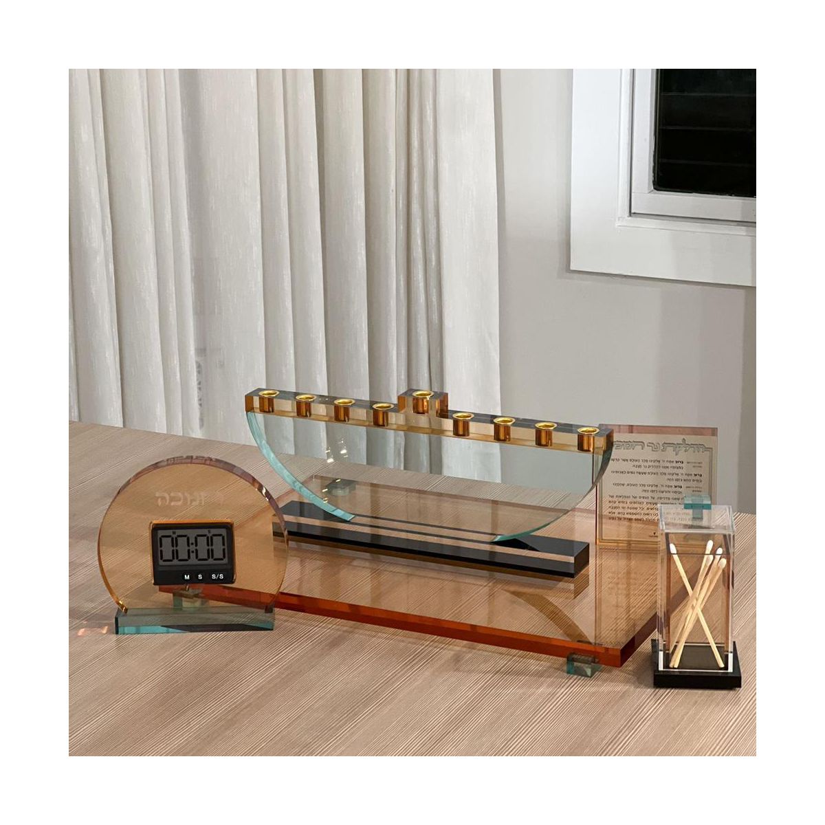 Amber & Teal Lucite Chanukah Timer White, Elegant Hanukkah Judaica Decor with Digital Clock Display - thumbnail 6