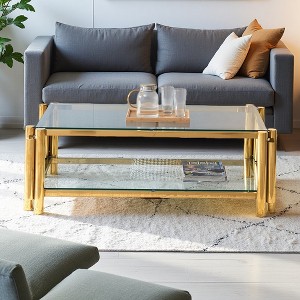 47" Wide Steel Coffee Table with Double Glass Layers - 1 of 4