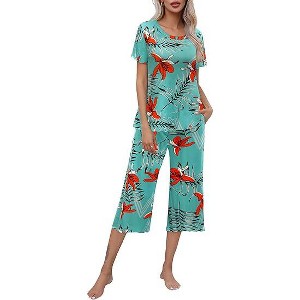 Ekouaer Capri Pajamas for Women Soft Pjs Set Short Sleeve Tee Top Loungewear Soft 2 Piece Sleepwear - 1 of 4