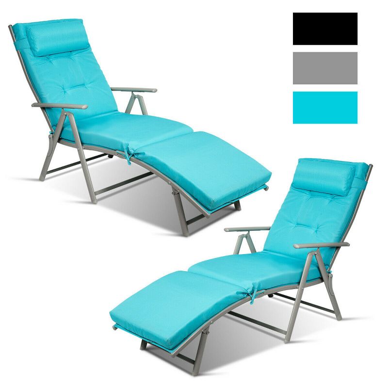 Costway 2PCS  Outdoor Folding Chaise Lounge Chair w/Cushion Turquoise, 3 of 11