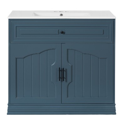 Vynxaria 36 in. 1 Freestanding Blue Bath Vanity with White Ceramic Top All Assembly Required