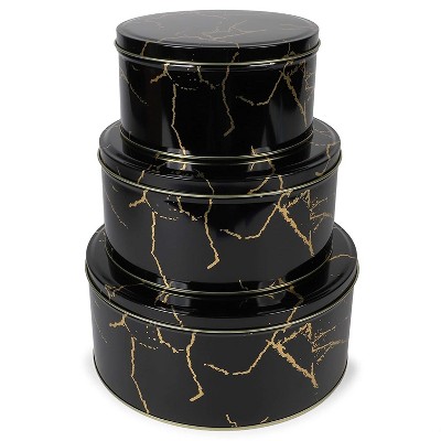 3-Pack Empty Nesting Metal Tin Box Canister Set Round Storage Container for Cookie Candy Gift, Black/Gold Marble 3 Sizes