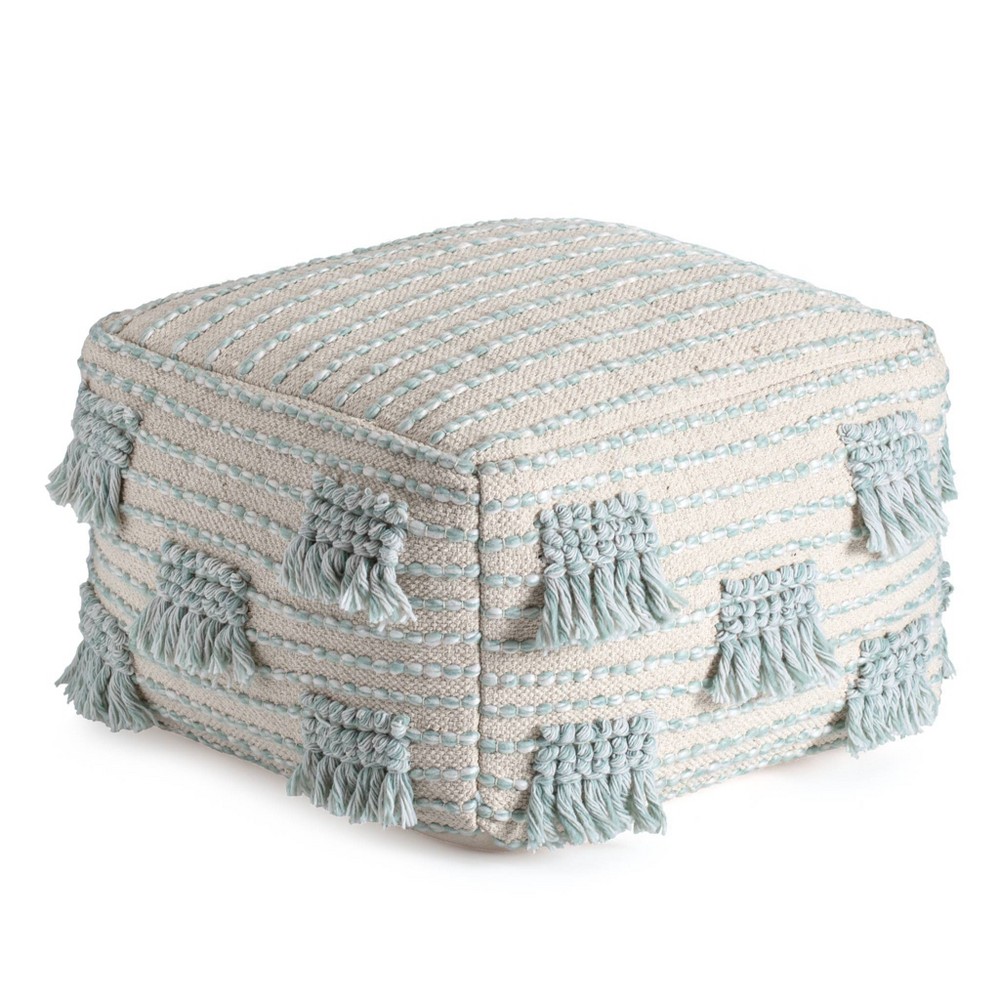 Cherokee Pouf  - Anji Mountain Versatile. Comfortable. Functional. Poufs transform a nice room into something better by providing a pop of style and sprinkle of texture. Whether being used in a seating configuration or just serving as a comfortable ottoman to kick your feet up on, these poufs make your home better. In addition to the handmade high quality, these pieces are filled in the U.S.A with premium, expanded polypropylene beads. This fill provides tremendous durability in keeping the item shape while delivering a consistent soft yet firm every time. Color: Beige/Green. Pattern: Stripe.