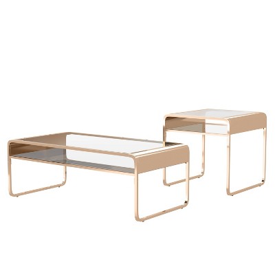Milrix Coffee and Table Set with Tempered Glass Top Gold - miBasics: Steel Frame, U-Shaped Legs, Open Shelf