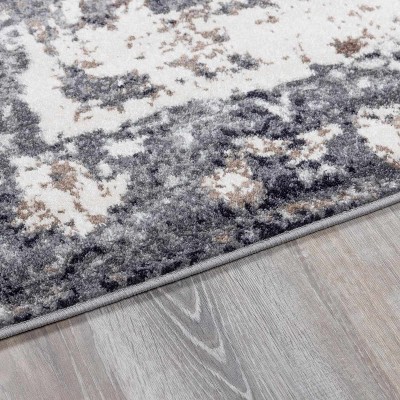 Ivory and Charcoal Polypropylene Traditional Runner Rug