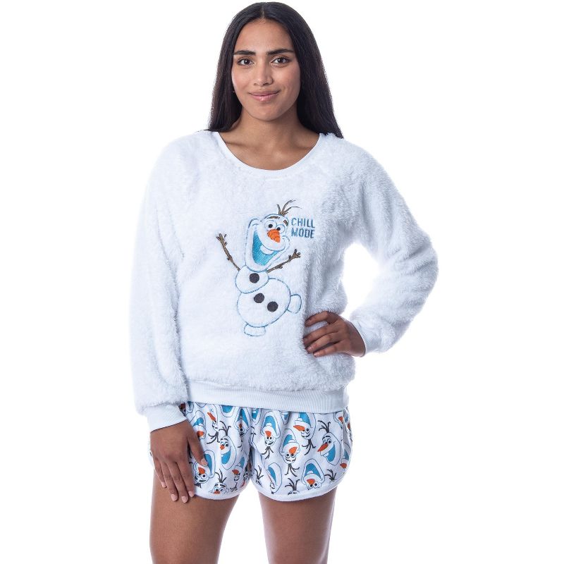 Disney Womens' Frozen Olaf Chill Mode Sweater and Shorts Sleep Pajama Set White, 1 of 6