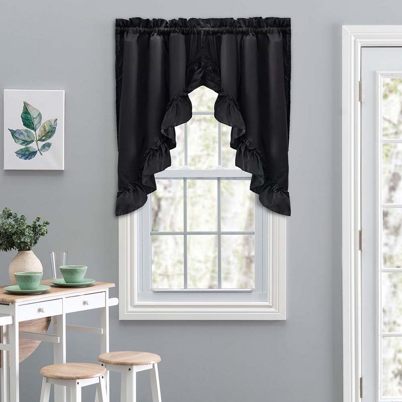 Ellis Stacey Solid Color Window 1.5" Rod Pocket High Quality Fabric Ruffled Swag 60"x38" Black, 2 of 4