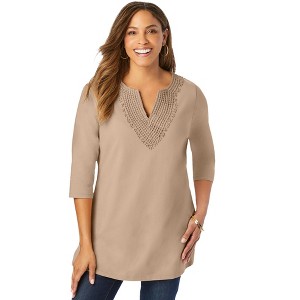 Jessica London Women's Plus Size Stretch Cotton Crochet Notch Neck Tunic - 1 of 4