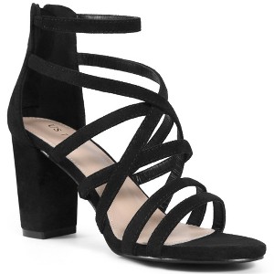 BLISSFUL STEP Women's Back Zip Strappy Chunky Heel Open Toe Sandals - 1 of 4