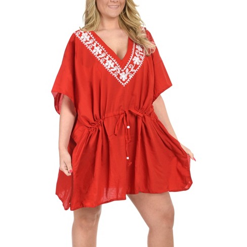 LA LEELA women's Vacation Casual Swim Holiday Beachwear Summer Beach Dress Plus Size Fall Swimsuit Cover ups Tops for Women 2X-3X Red, Solid - image 1 of 3