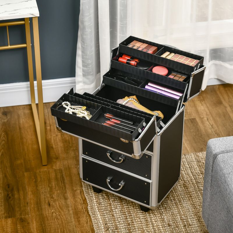 HOMCOM Rolling Makeup Train Case, Large Storage Cosmetic Trolley, Lockable Traveling Cart Trunk with Folding Trays, Swivel Wheels and Keys, 6 of 8