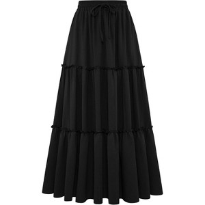 Women's Boho Beach Maxi Skirt - Trendy High Waist Pleated Ruffle Long Skirt with Pockets Black - 1 of 4