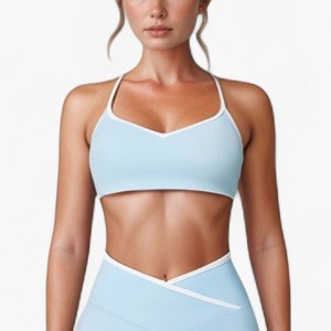Anna-Kaci Active Women's V-Neck Sports Bra with Contrast Trim and Thin Adjustable Straps - Large, Light Blue - 1 of 4