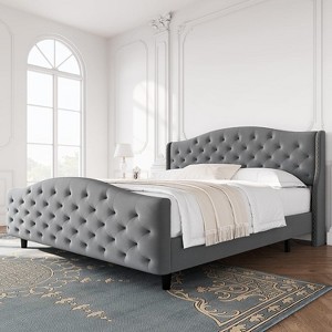 Bed Frame with Headboard, Upholstered Bed Frame, Velvet Bed Frame with Tufted & Nailhead, Heavy Duty - 1 of 4