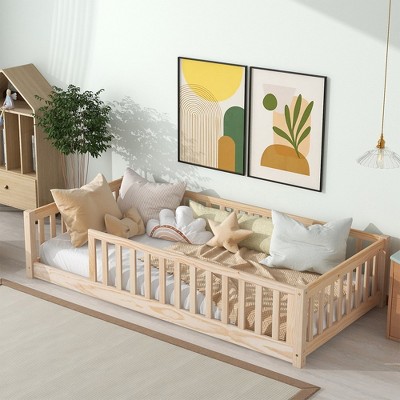 Twin Size Wood Floor Bed With Safety Guardrails Heavy Duty Noise Free Easy Assembly Bed Frame Bedroom Furniture For Children Girls Boys