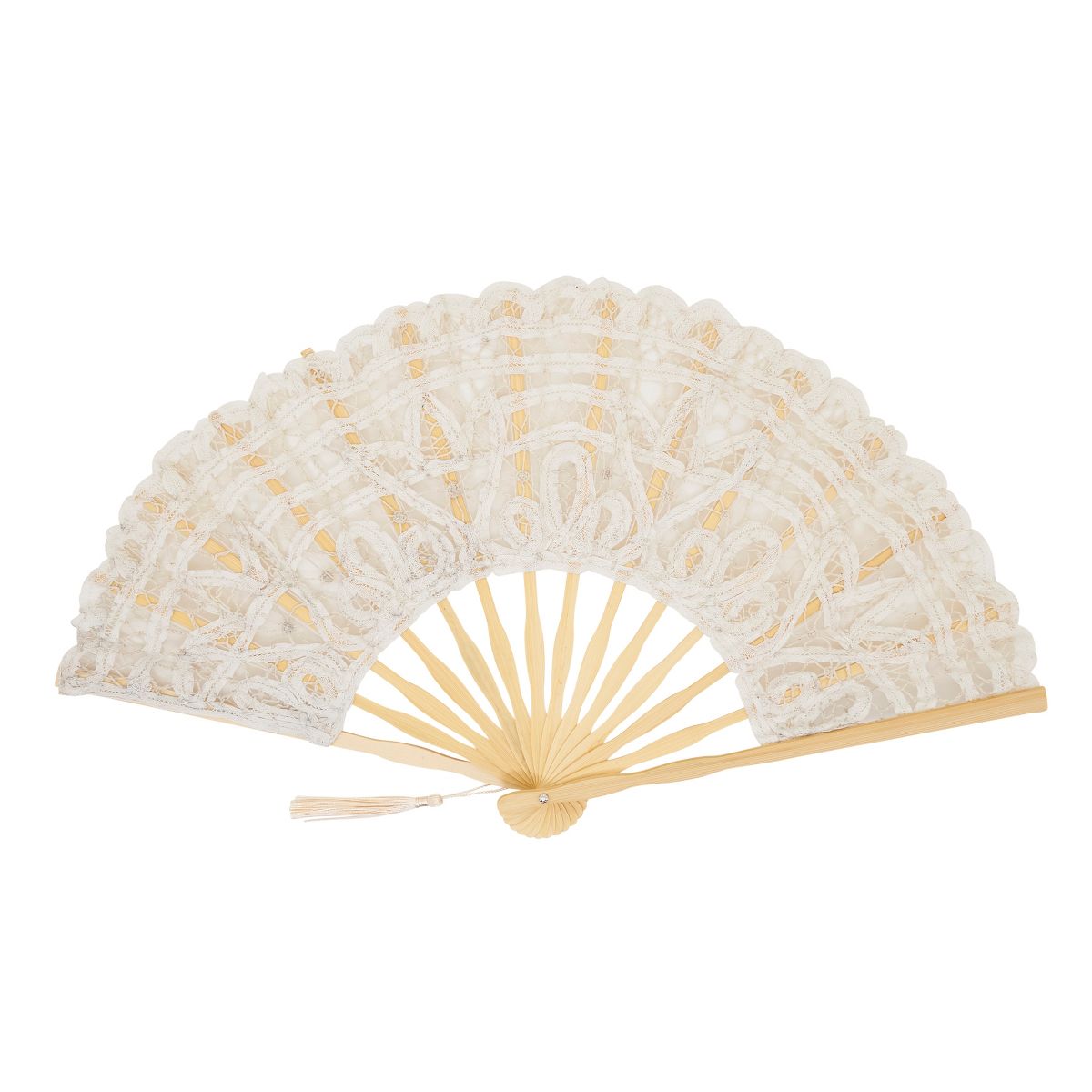 Saro Lifestyle Battenberg Lace Folding Hand Fan - Decorative Cotton Fan with Tassel, Elegant Accessory for Events, Travel and Everyday Use - thumbnail 4