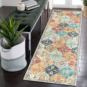 Machine Washable Moroccan Trellis Rug, Stain Resistant & Non-Slip, Vintage Floral Farmhouse Carpet for Dining Room, Bedroom - 1 of 4