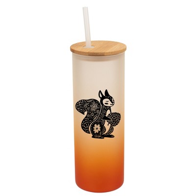 Elanze Designs Charming Floral Squirrel Orange Frosted Gradient Glass Tumbler with Bamboo Lid & Straw 25 ounce Reusable Iced Coffee or Water Cup,