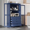 Freestanding Kitchen Pantry Kitchen Storage Cabinet Display Cabinet with Glass Doors & 4 Built-in Drawers, Natural/White/Blue - ModernLuxe - 2 of 4