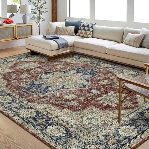 Machine Washable Faux Wool Vintage Floral Printed Area Rug Ultra Thin Low Pile Non Slip Non Shedding Indoor Carpet - 1 of 4