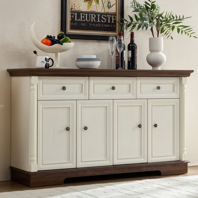 Angel Sar 55'' Farmhouse 4 Door Sideboard Buffet Cabinet with Storage, Kitchen Cabinet with Spacious Tabletop & Roman Column Design, White