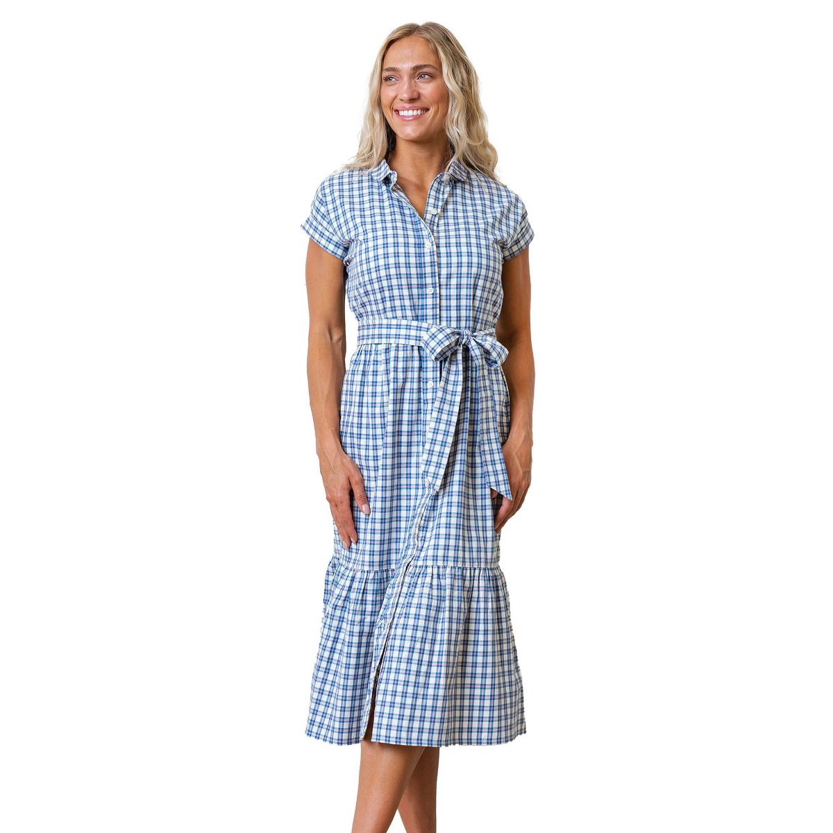 Hope & Henry Womens' Short Sleeve Button Front Tiered Maxi Dress with Waist Sash