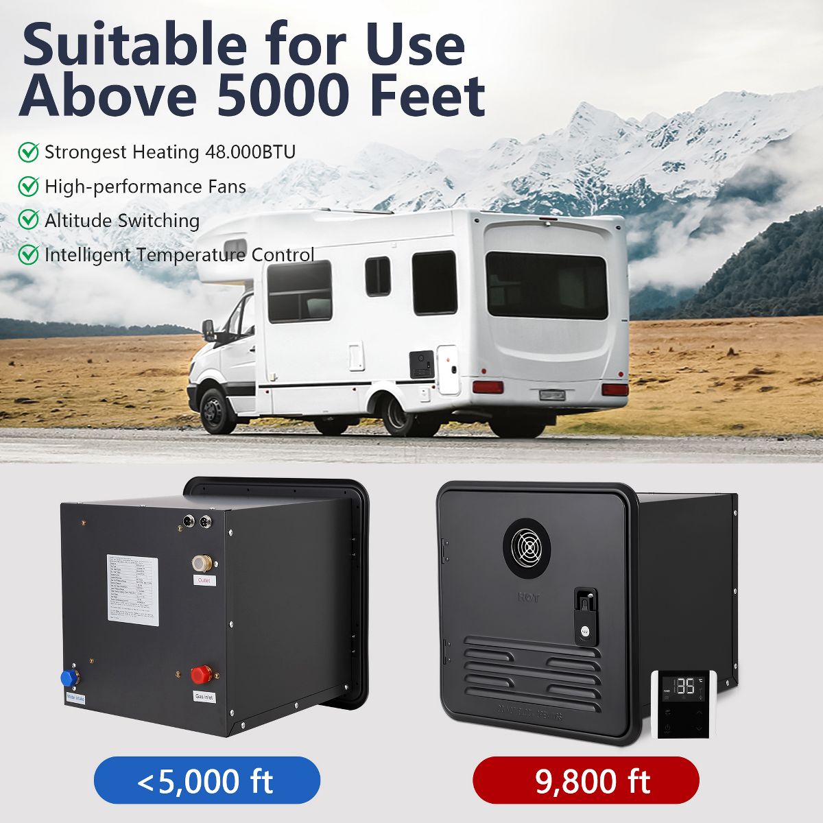 RV Tankless Propane Water Heater, On-Demand Quick Hot Water, 12V DC, Remote Control Digital Panel, 15x15 in Compact Fit, High Altitude Ready - thumbnail 6
